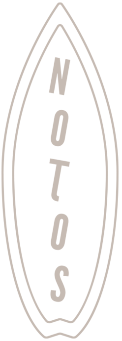 Outline of a surfboard with the word NOTOS written vertically in the center.