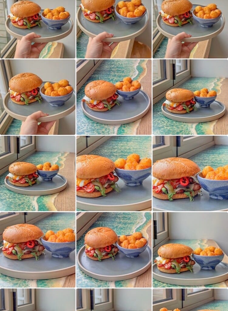 Grid layout images of a breakfast stack with tater tots
