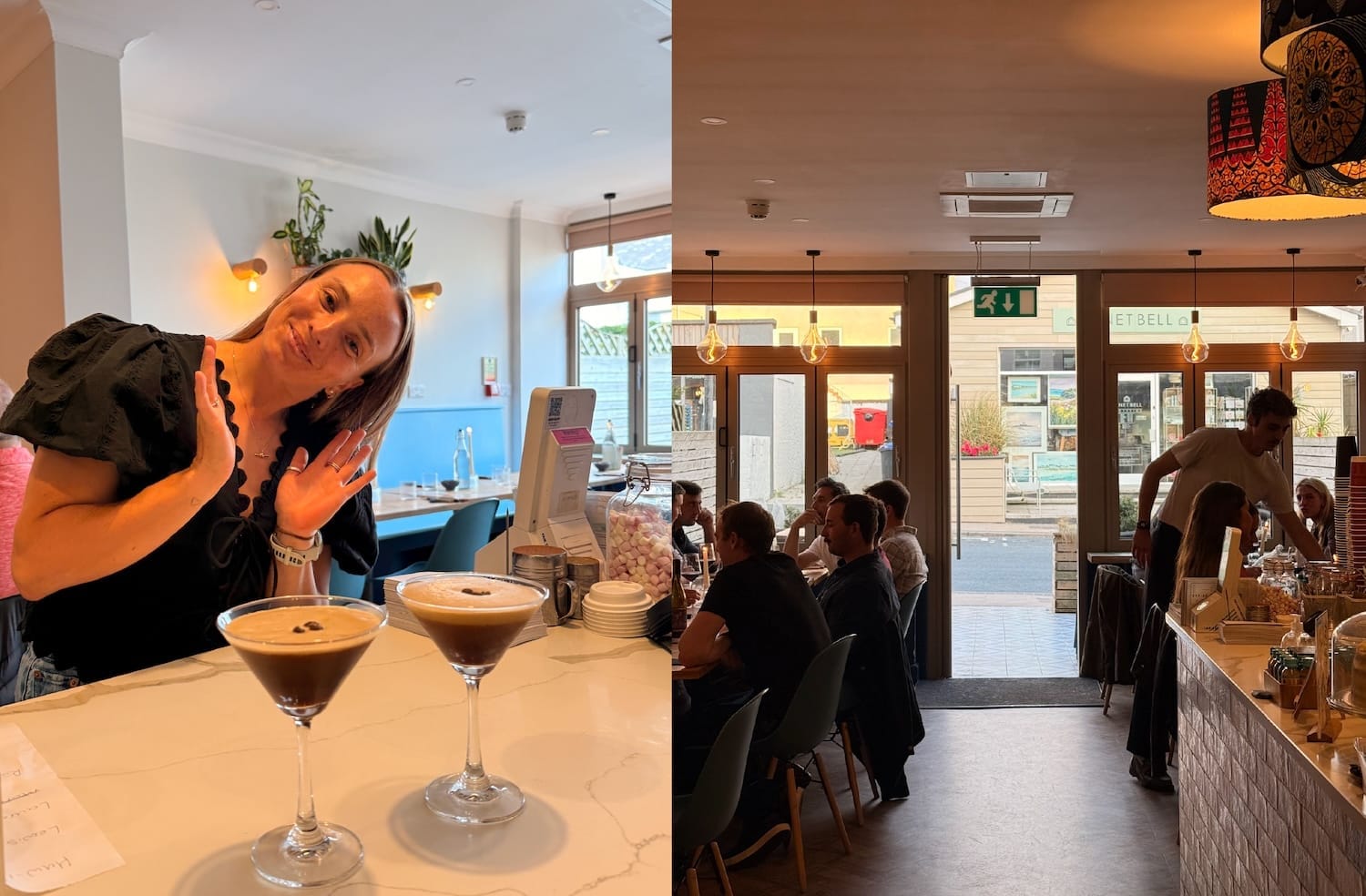 A woman stands beside two espresso martinis at a counter; the adjoining image shows people seated and chatting inside a cozy café.